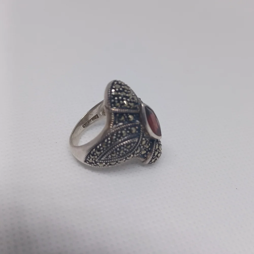Vintage Sterling Judith Jack Red Garnet Marcasite Deco Statement Ring